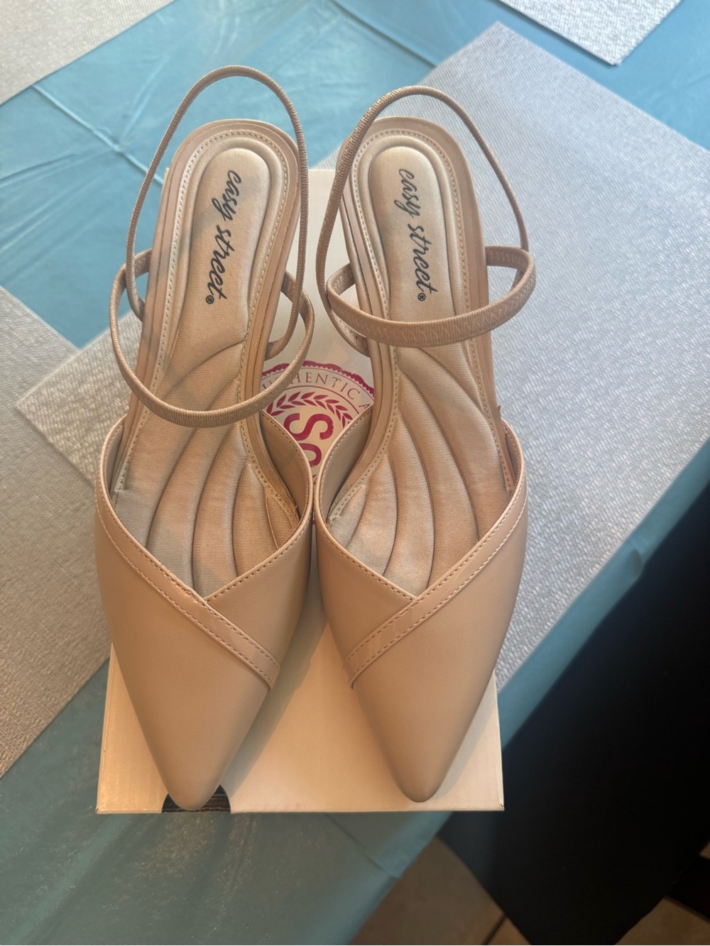easy street Unna Beige Pointed Closed Toe Slingback Kitten Heel Pumps